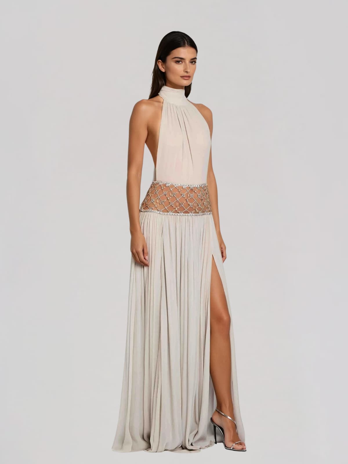 Altoir Halterneck Ruched Crystal Maxi Dress In Beige