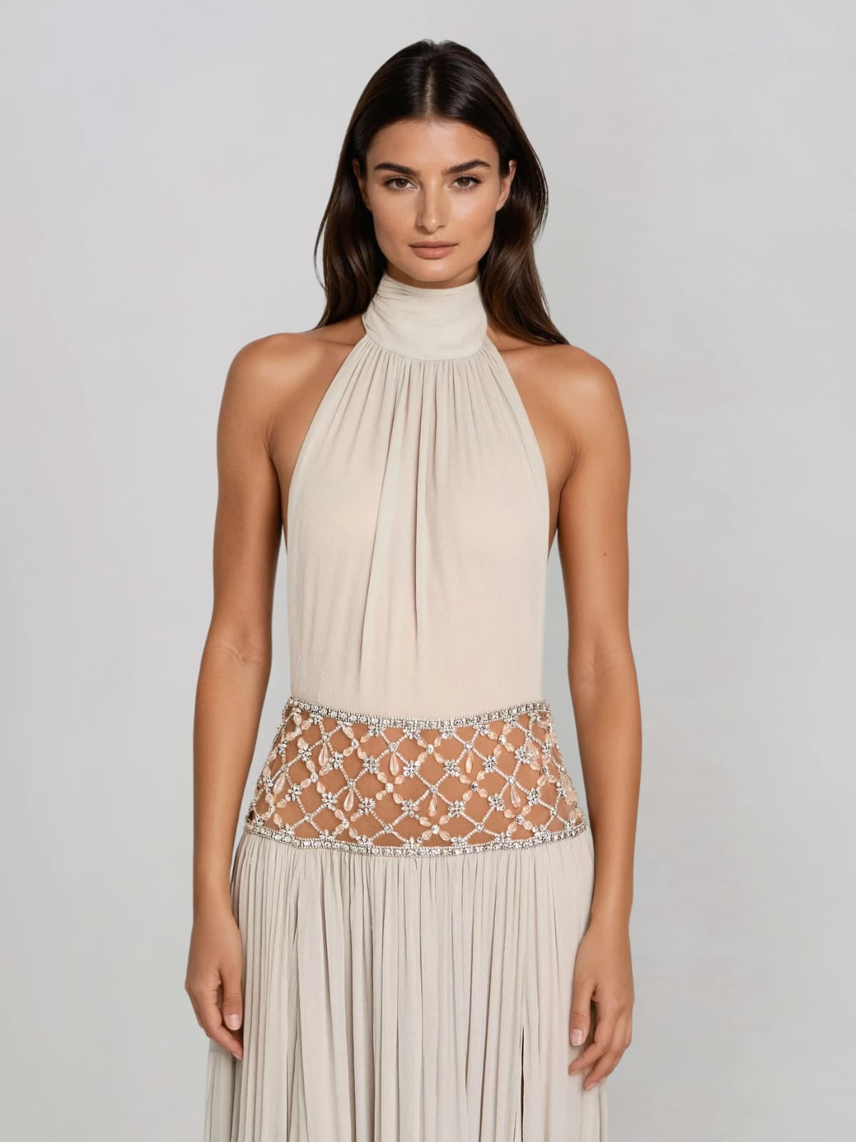 Altoir Halterneck Ruched Crystal Maxi Dress In Beige