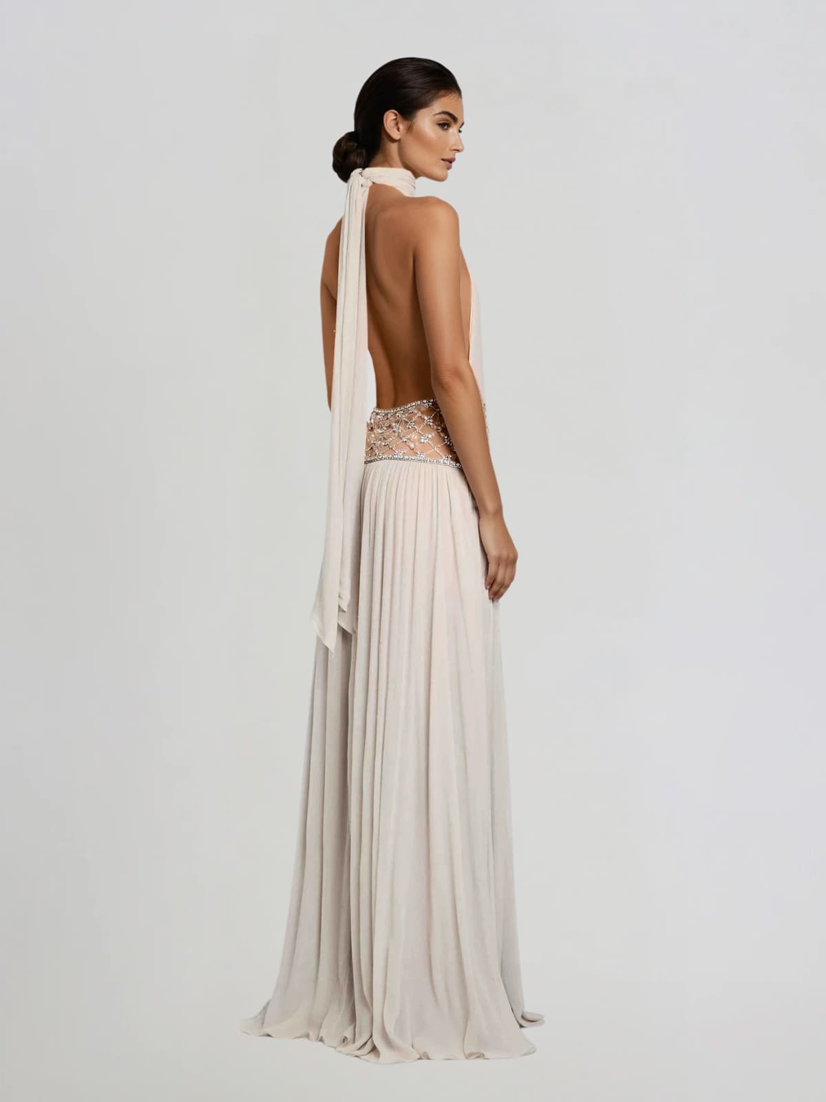 Altoir Halterneck Ruched Crystal Maxi Dress In Beige