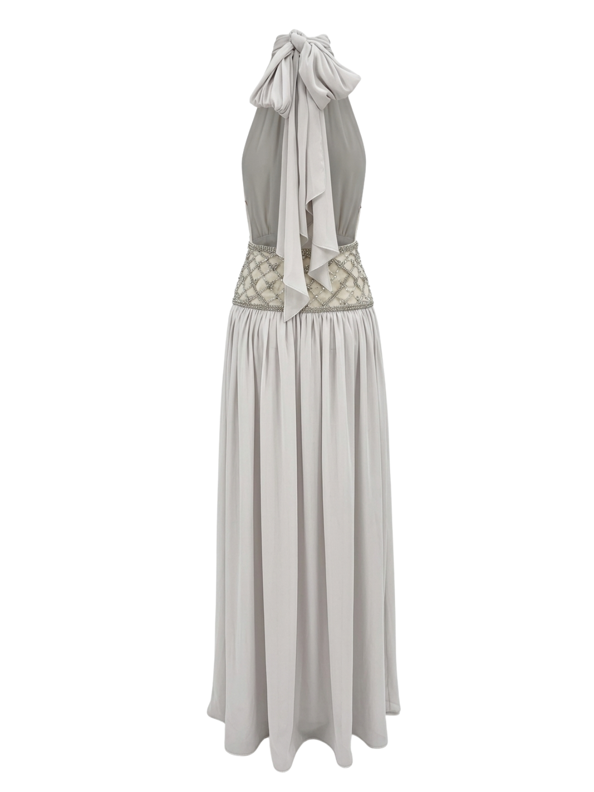 Altoir Halterneck Ruched Crystal Maxi Dress In Beige
