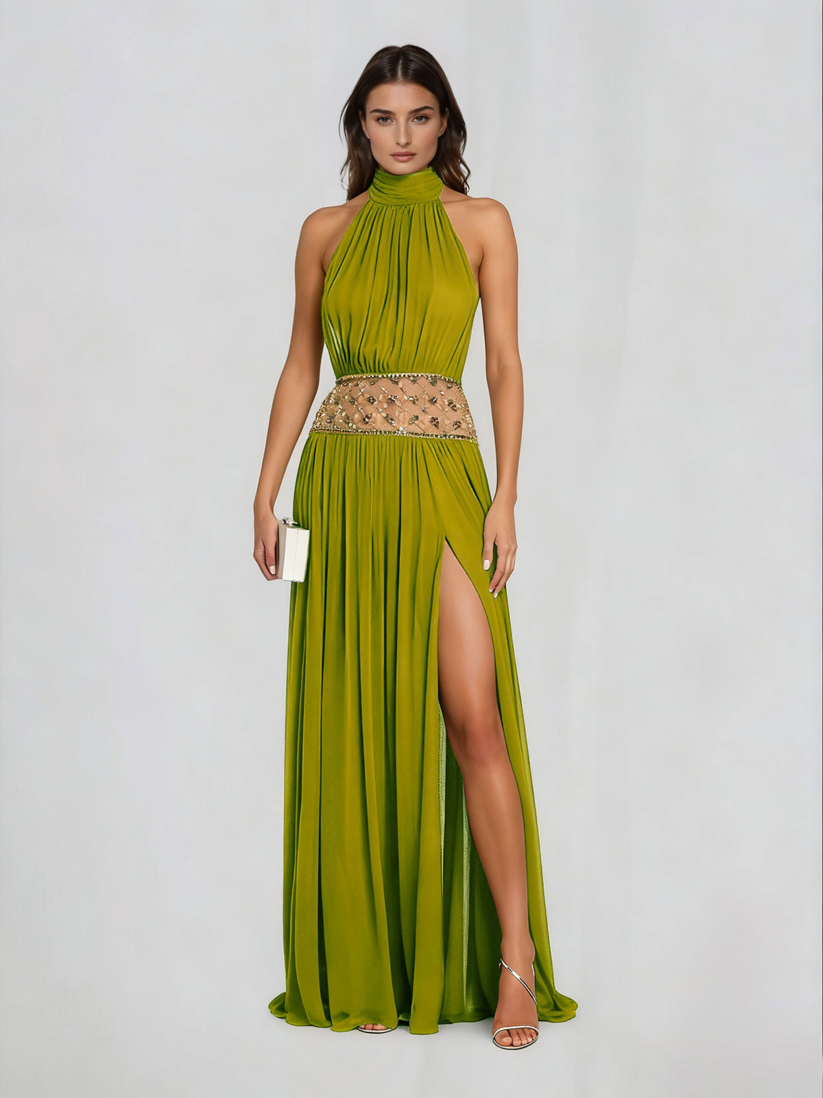 Altoir Halterneck Ruched Crystal Maxi Dress In Green