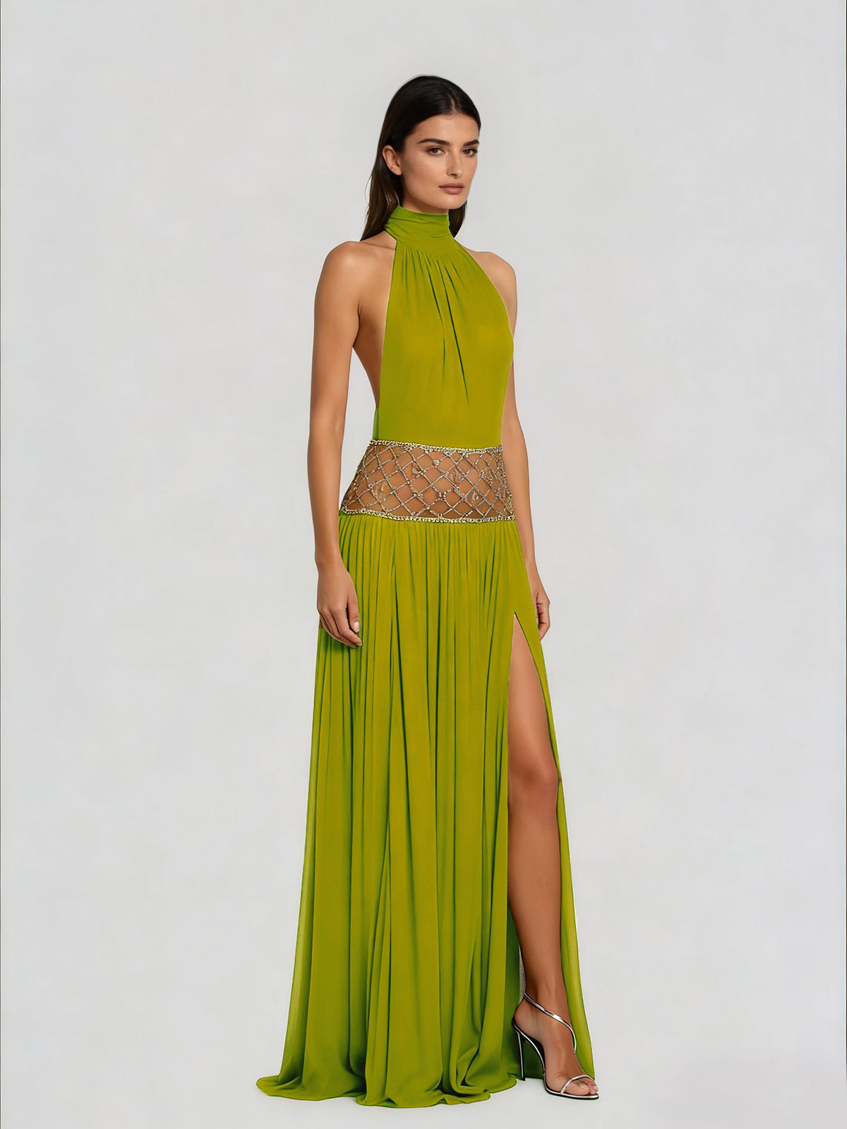 Altoir Halterneck Ruched Crystal Maxi Dress In Green