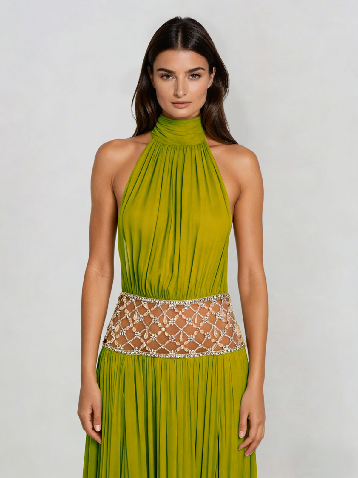 Altoir Halterneck Ruched Crystal Maxi Dress In Green