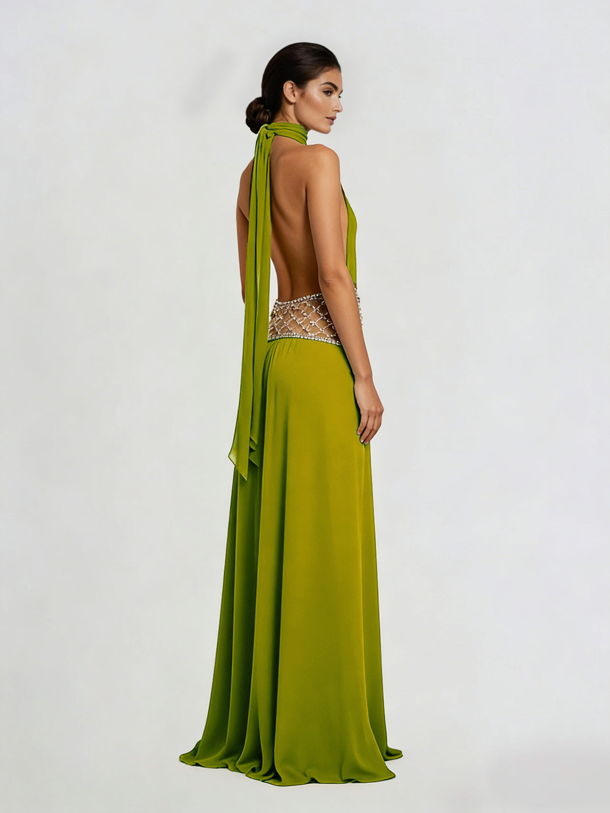 Altoir Halterneck Ruched Crystal Maxi Dress In Green