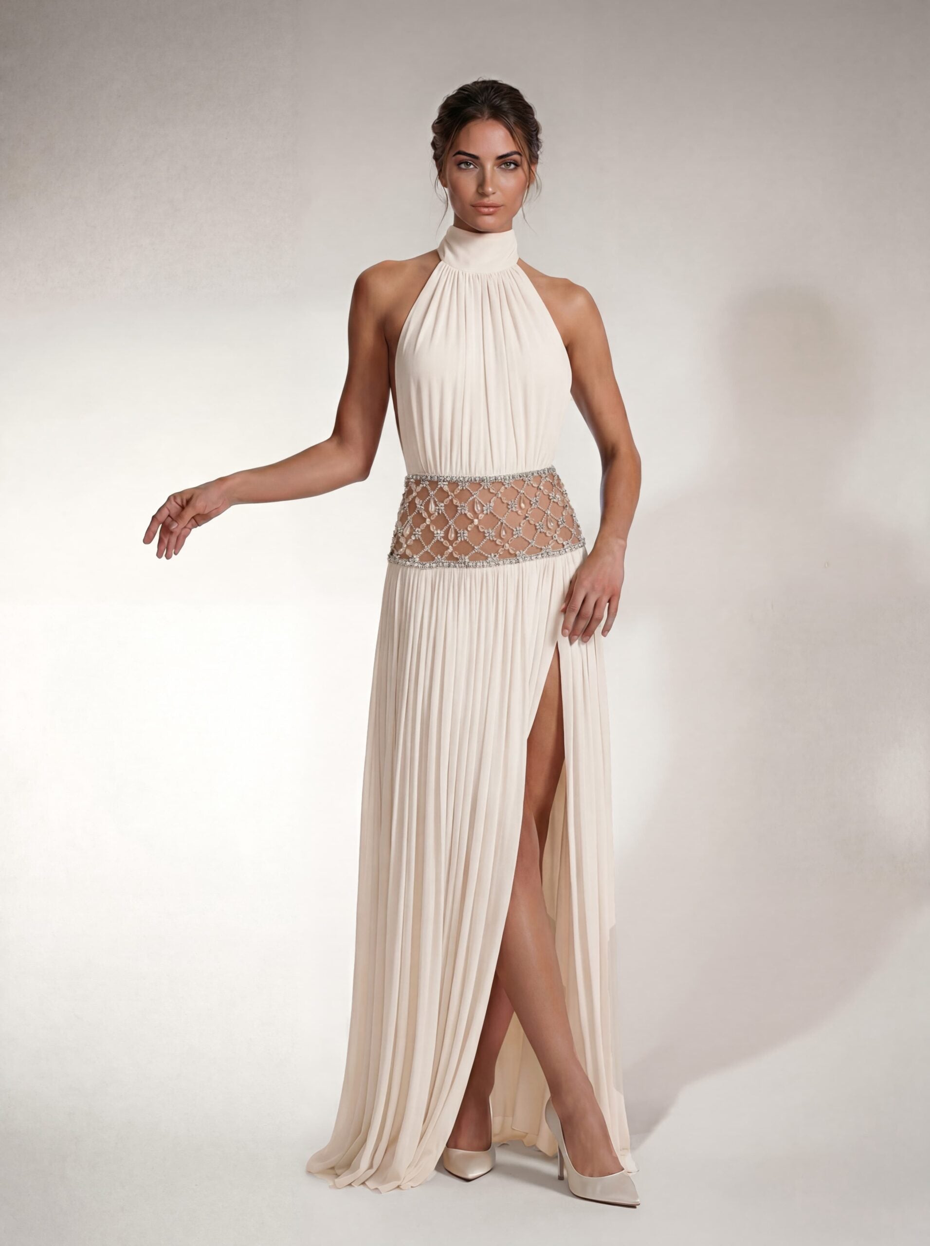Altoir Halterneck Ruched Crystal Maxi Dress In White