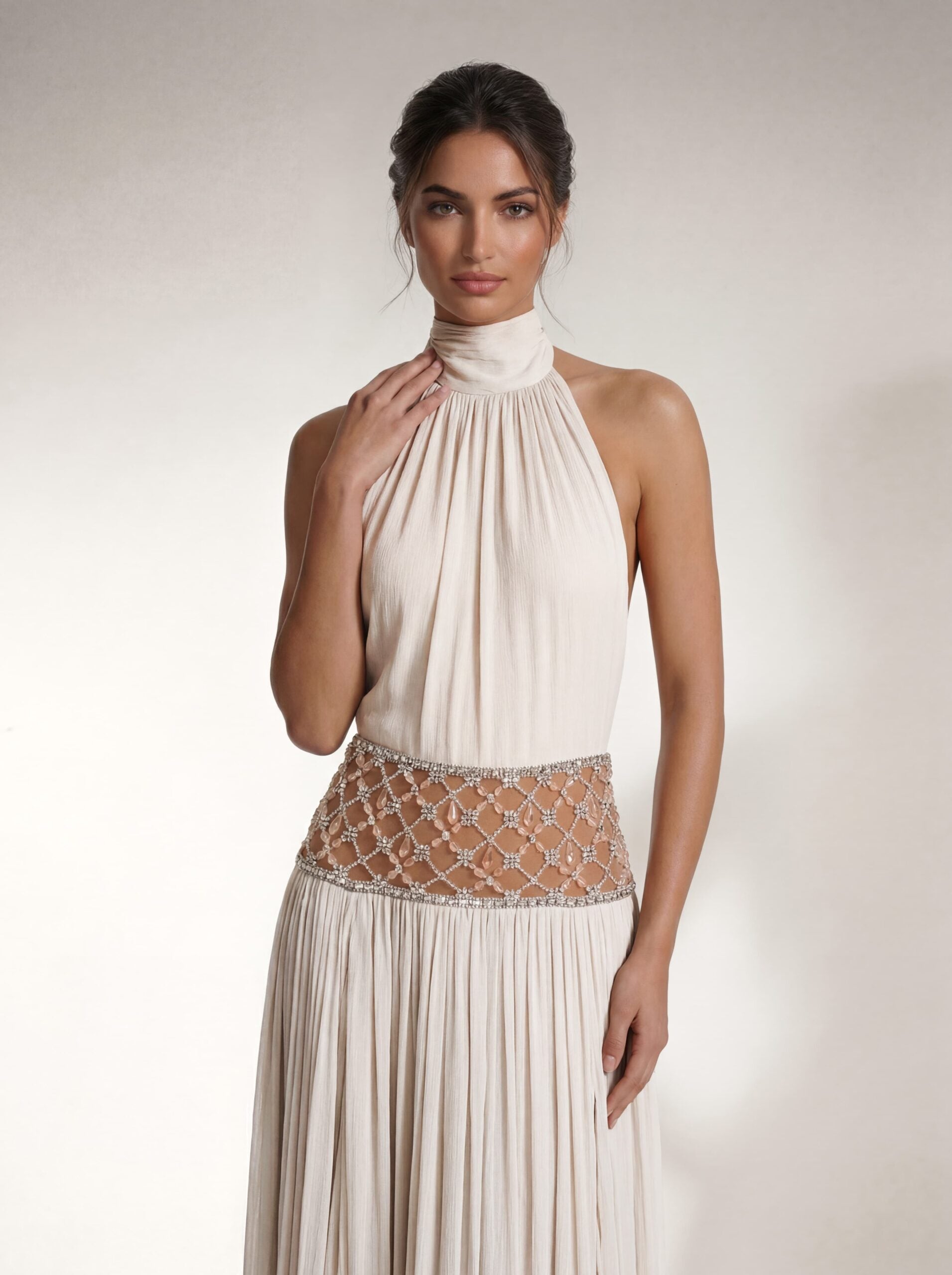 Altoir Halterneck Ruched Crystal Maxi Dress In White