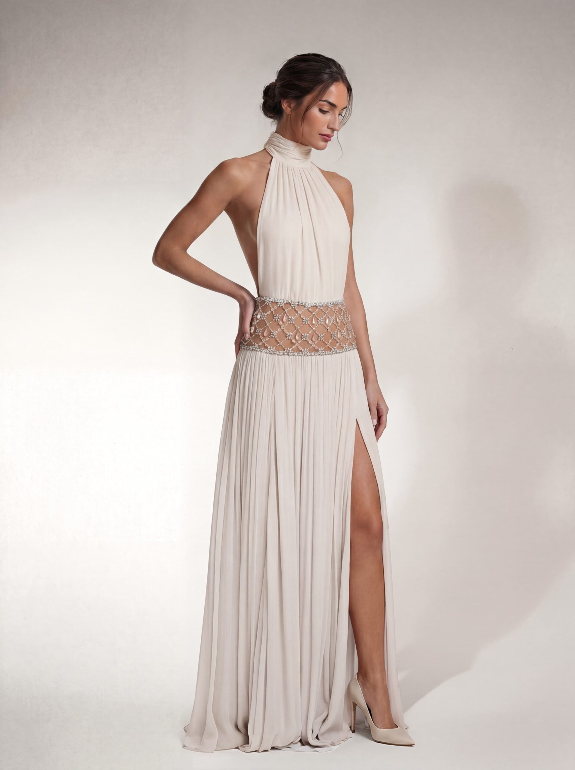 Altoir Halterneck Ruched Crystal Maxi Dress In White