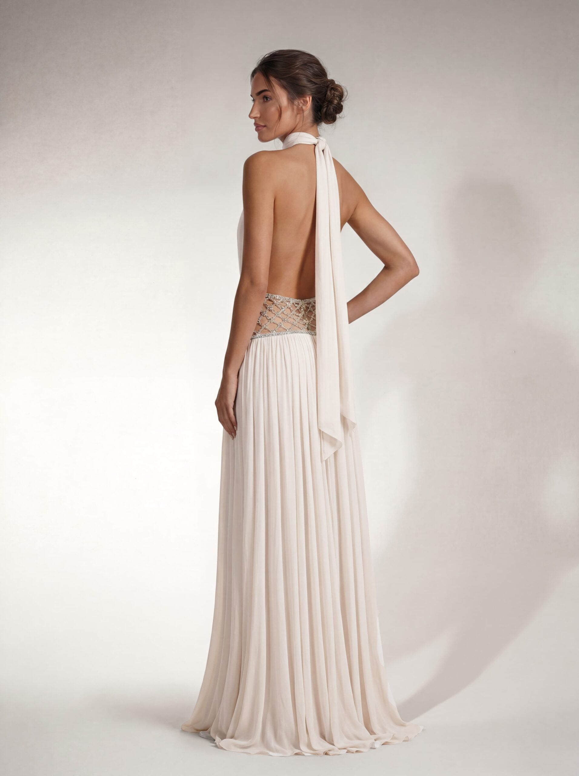 Altoir Halterneck Ruched Crystal Maxi Dress In White