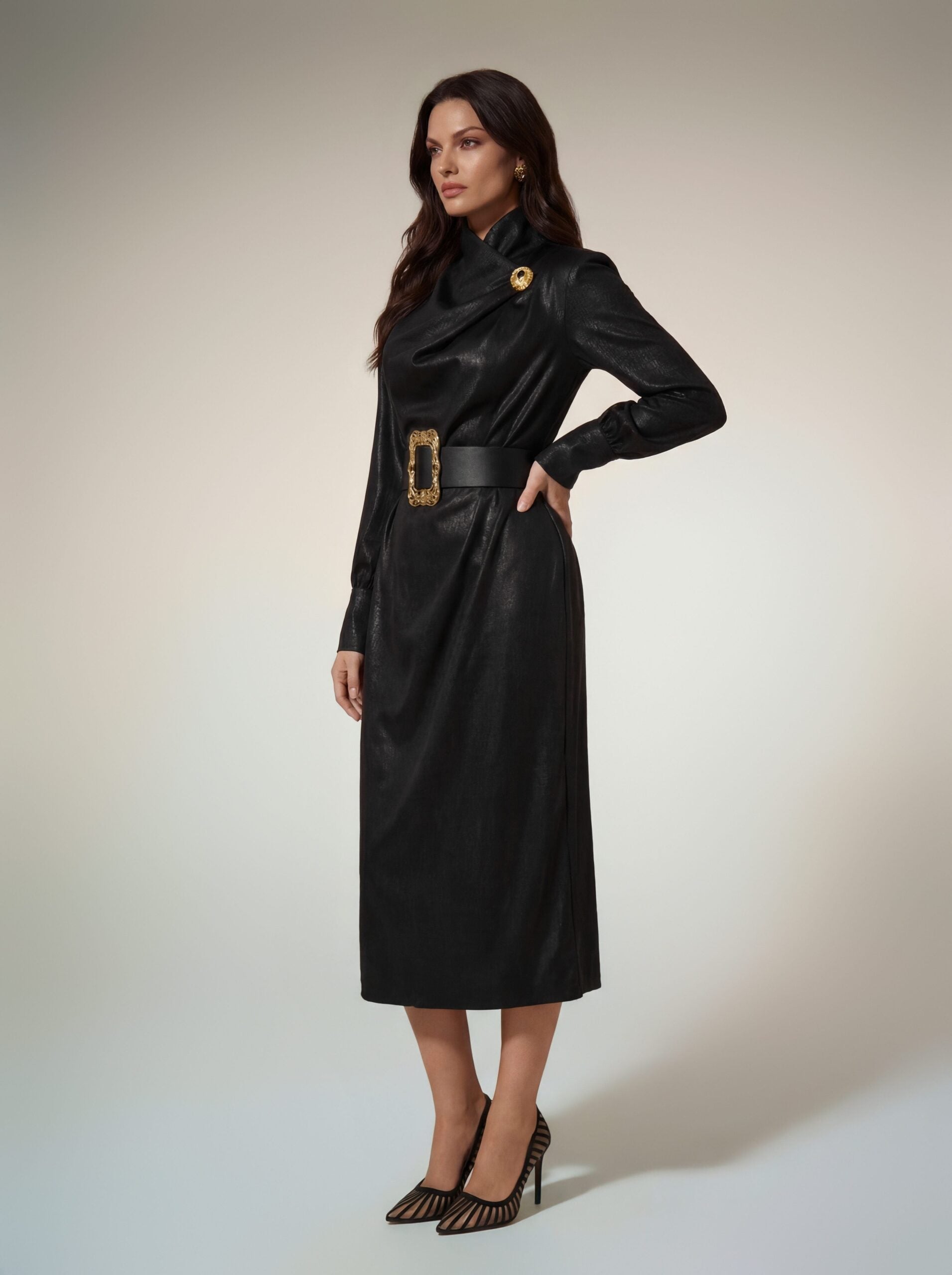 Alusia High Neck Belt Midi Dress