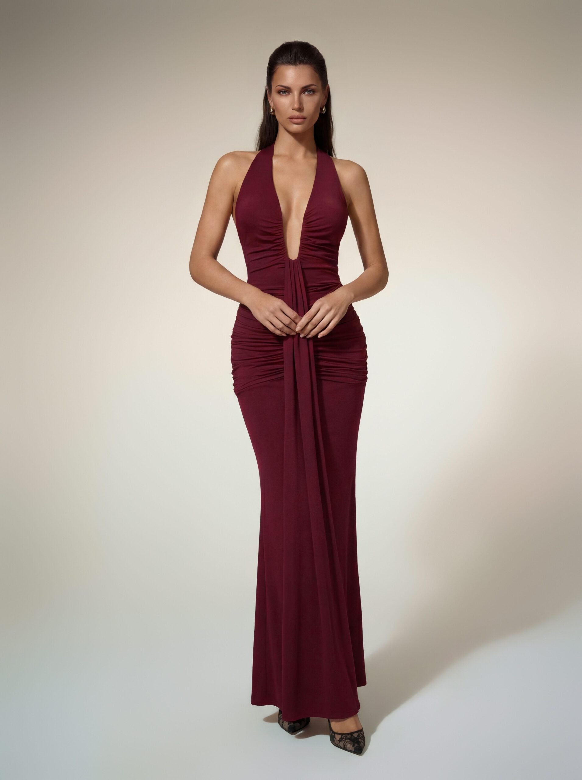 Alyshea Halterneck Ruched Maxi Dress In Wine