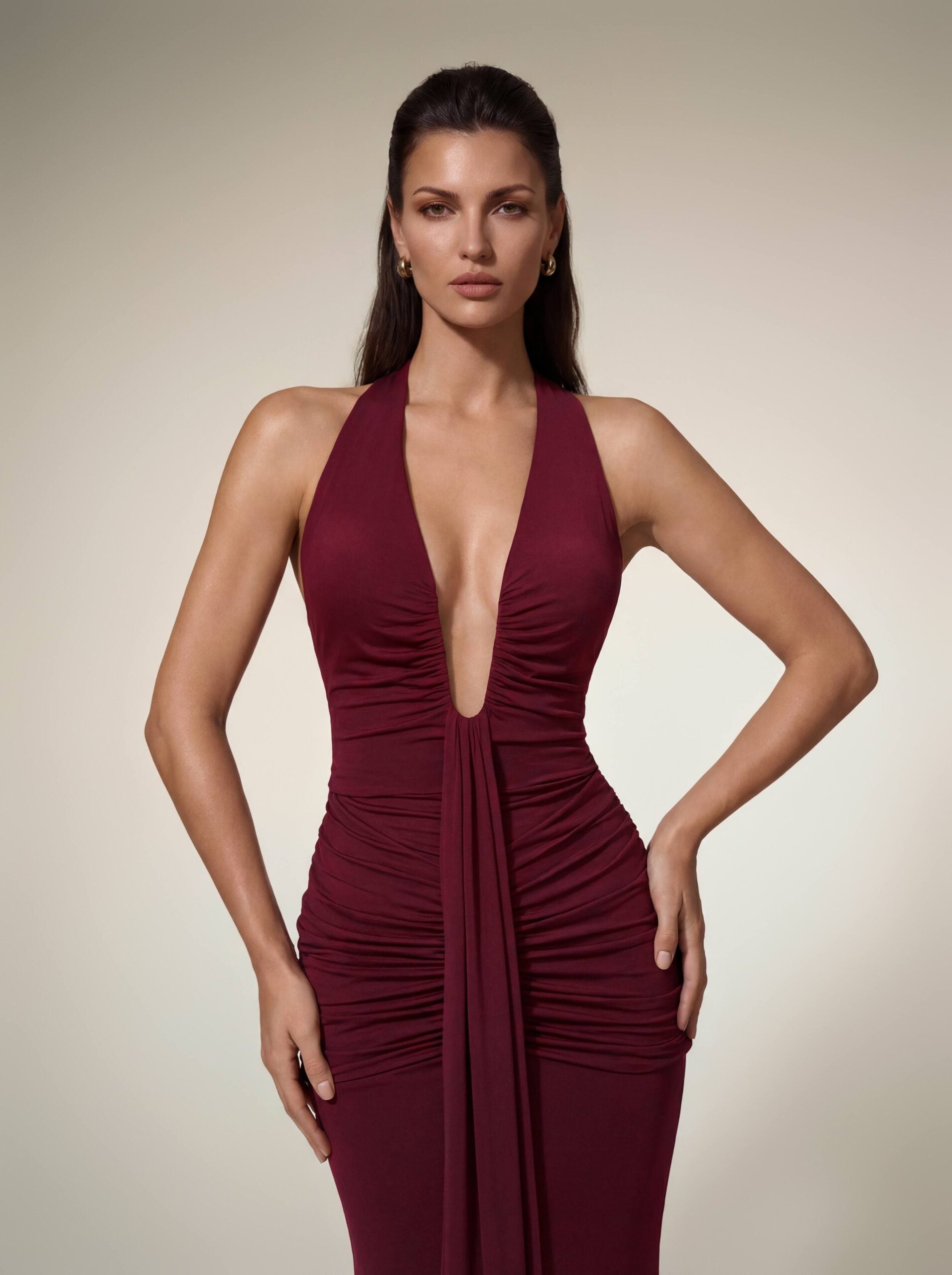 Alyshea Halterneck Ruched Maxi Dress In Wine