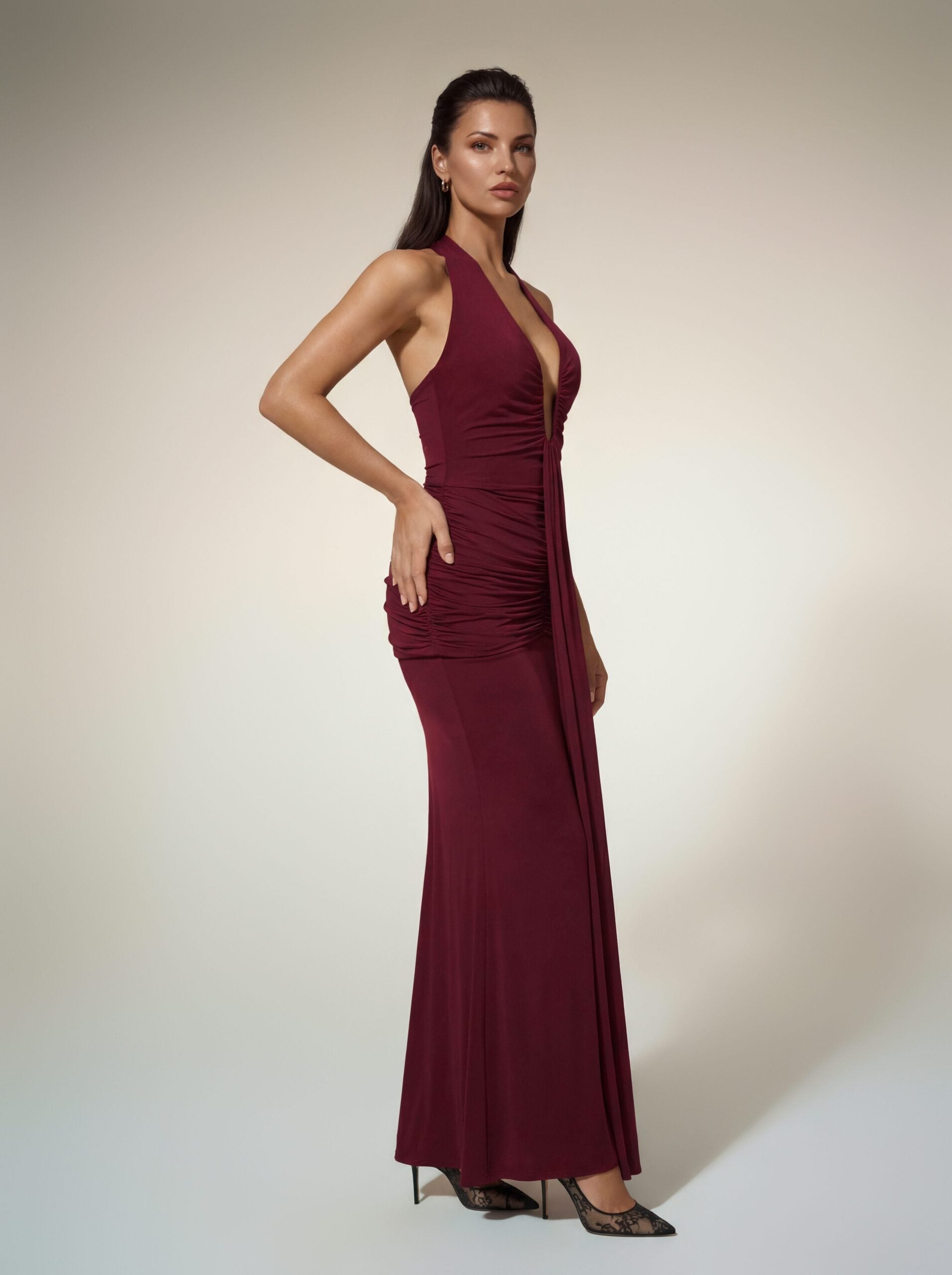 Alyshea Halterneck Ruched Maxi Dress In Wine
