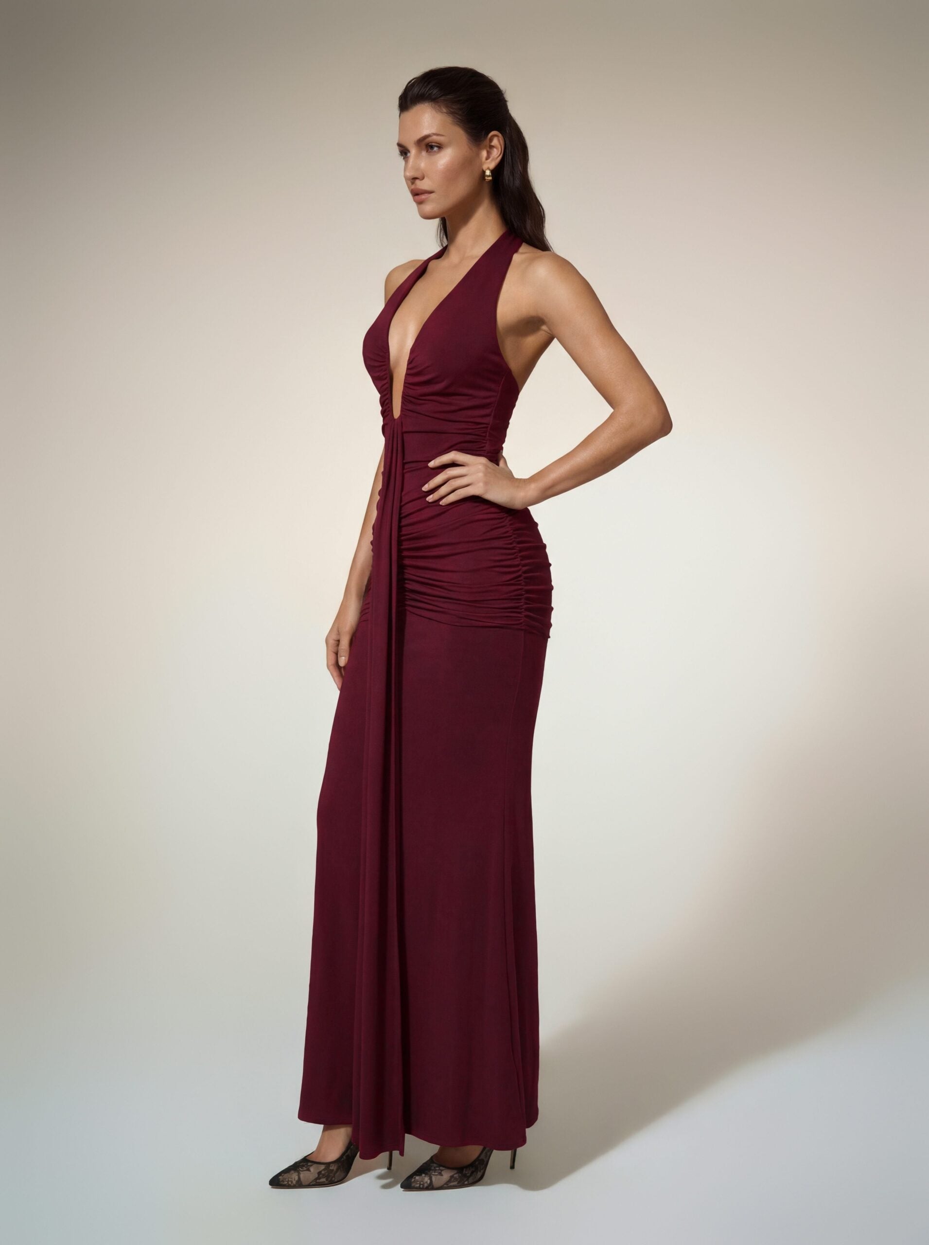 Alyshea Halterneck Ruched Maxi Dress In Wine