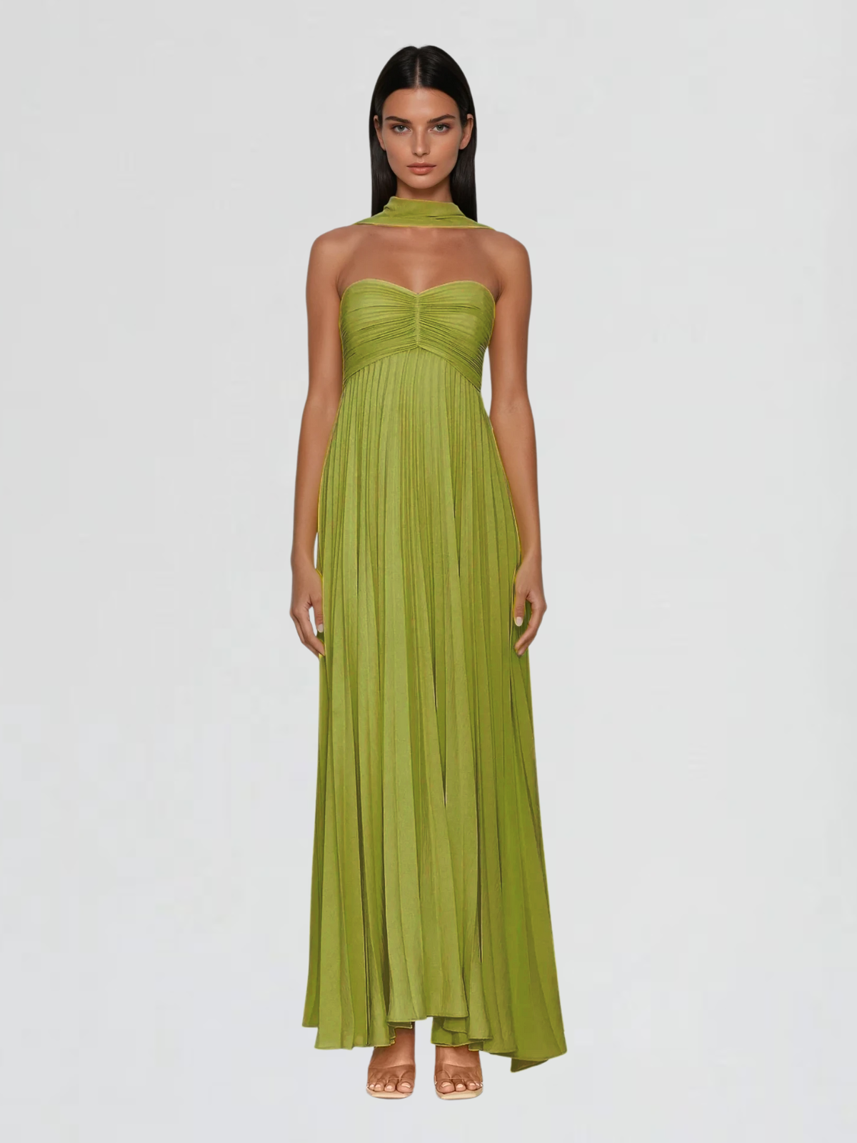 Alyxion Scarf Strapless Pleated Maxi Dress