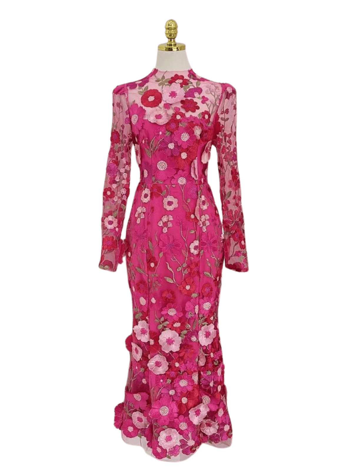 Amara Long Sleeve Embroidered Midi Dress In Hot Pink