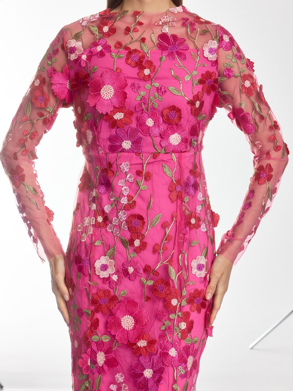 Amara Long Sleeve Embroidered Midi Dress In Hot Pink