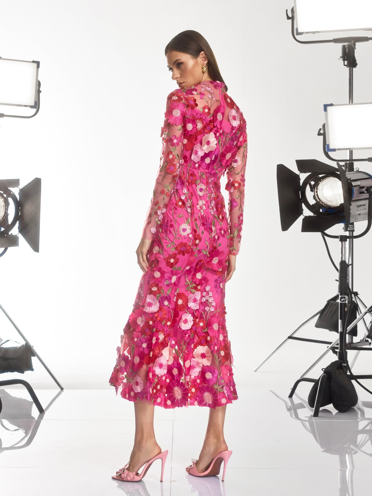 Amara Long Sleeve Embroidered Midi Dress In Hot Pink