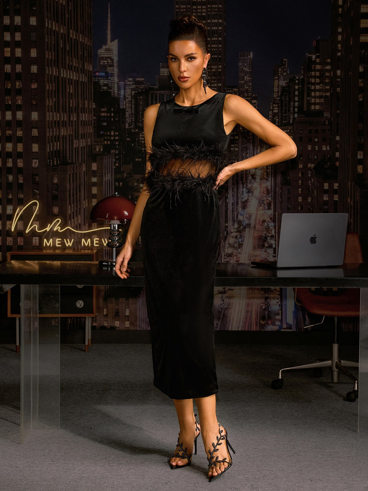 Anavia Sleeveless Feather Velvet Midi Dress