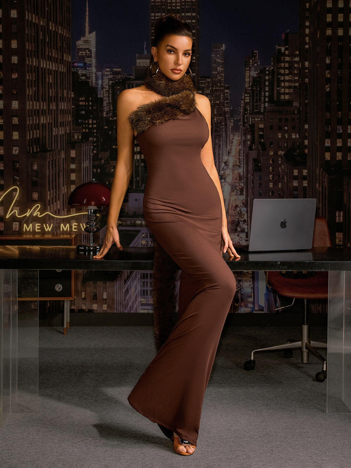 Andrey One Shoulder Faux Fur Maxi Dress