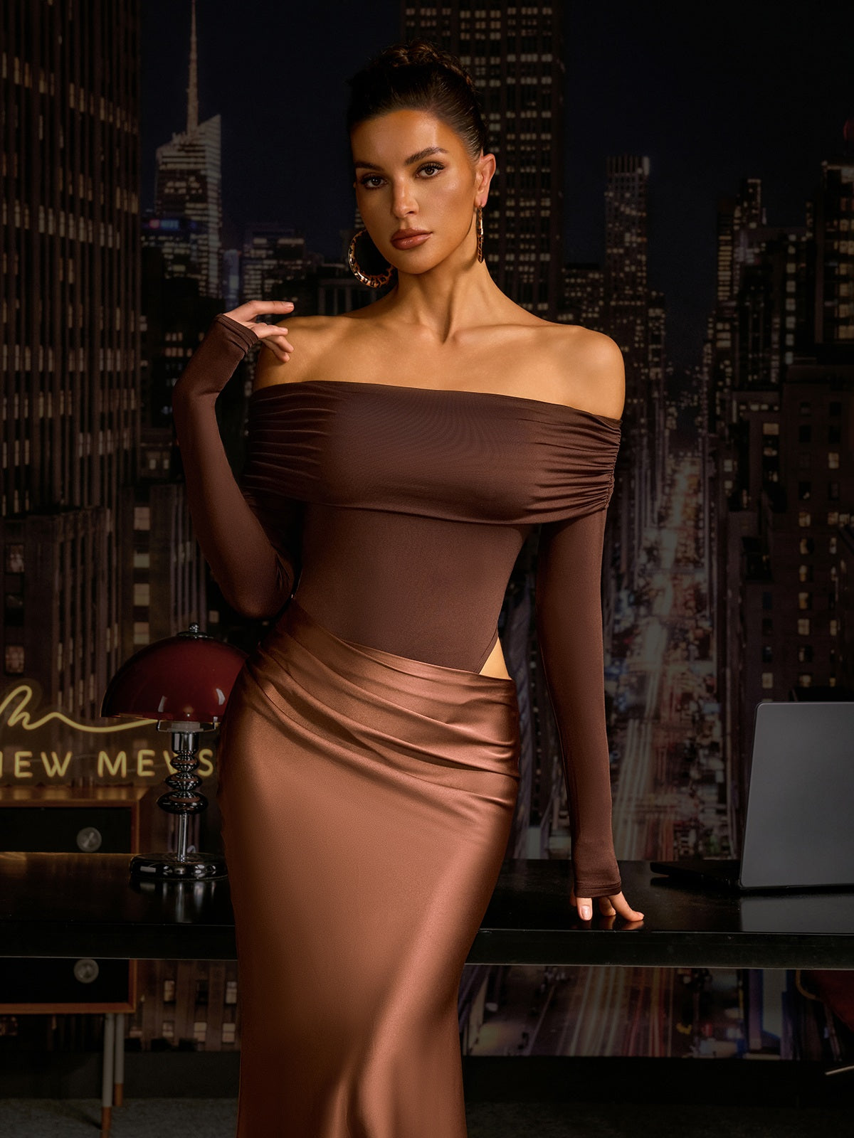 Aneko Off Shoulder Satin Maxi Dress