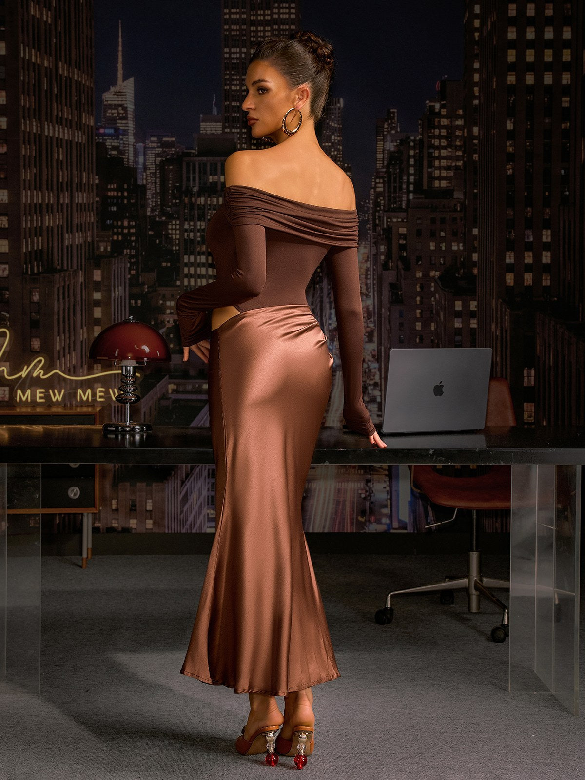 Aneko Off Shoulder Satin Maxi Dress
