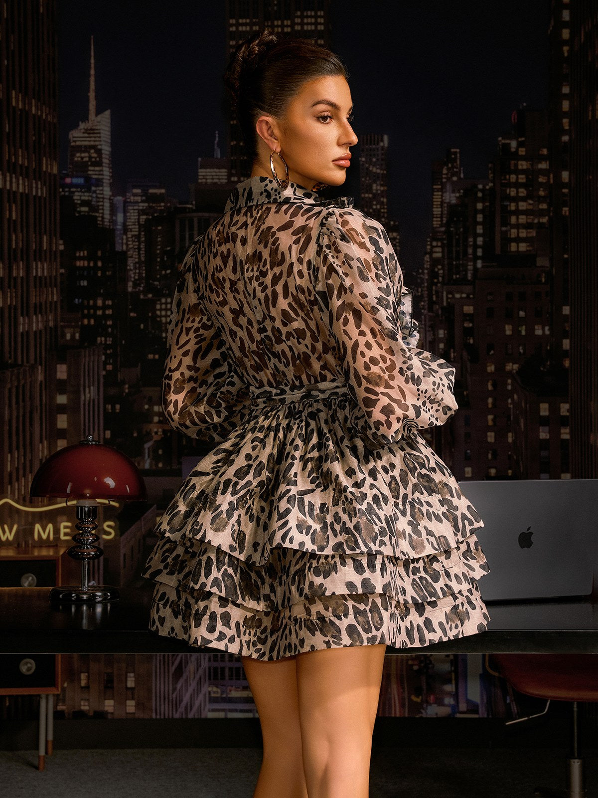Anevay Balloon Sleeve Ruffle Leopard Dress