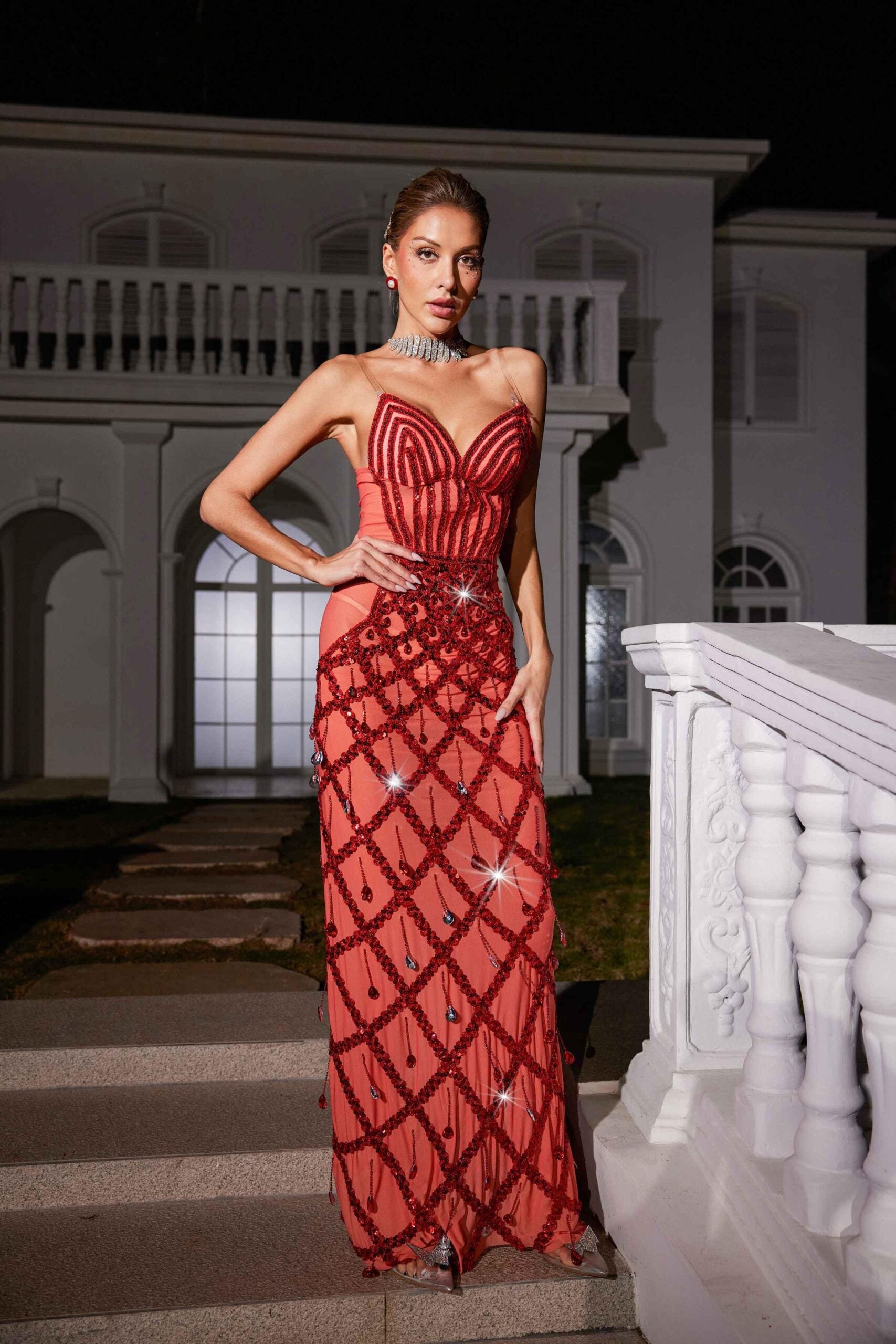 Angelo Sequin Embellished Mesh Maxi Dress