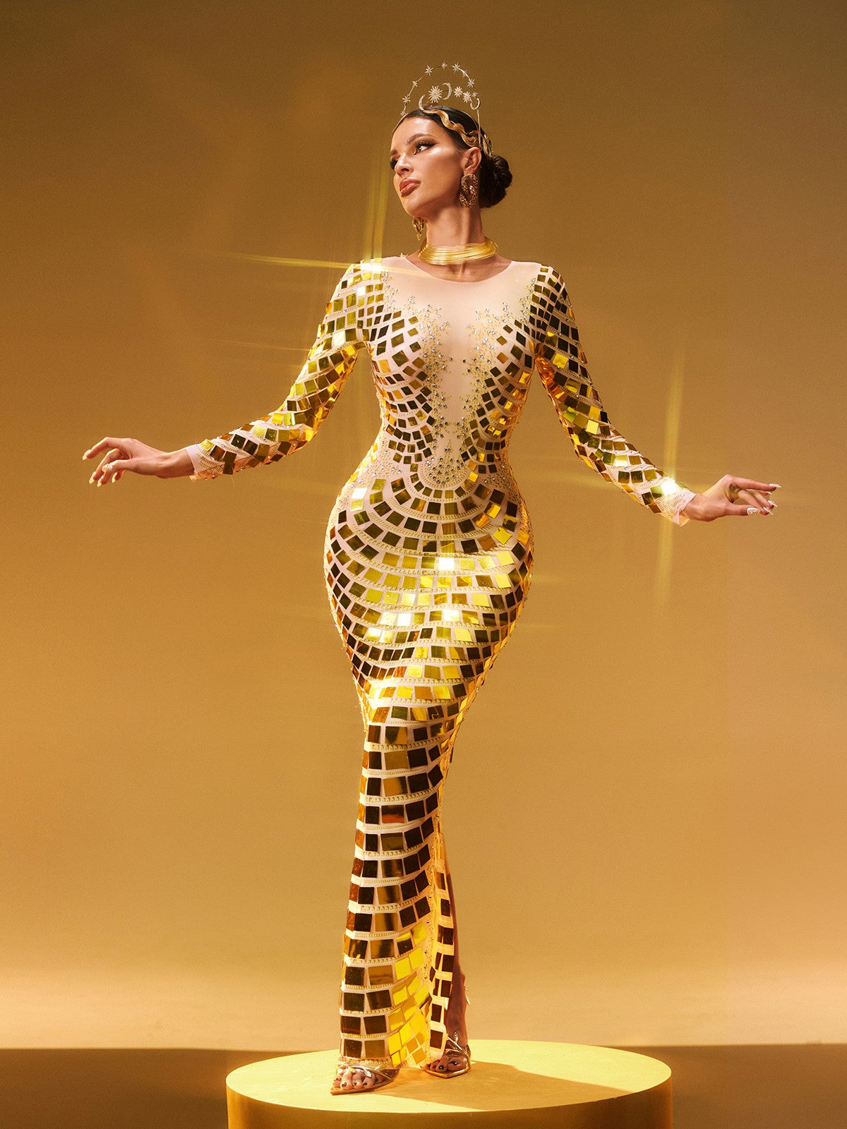Angie Long Sleeve Curve Embellished Maxi Dress In Gold