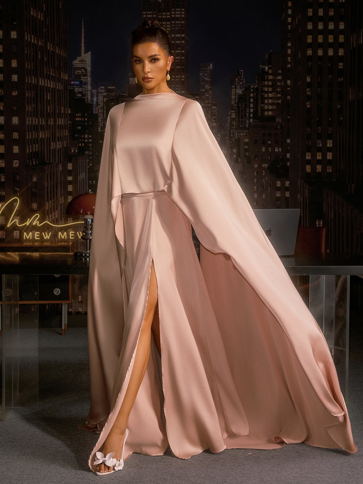 Anielo Cape Satin Dress Set