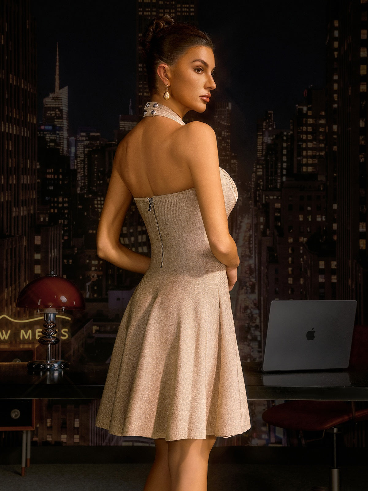 Aniol Halterneck Knitted Mini Dress In Gold