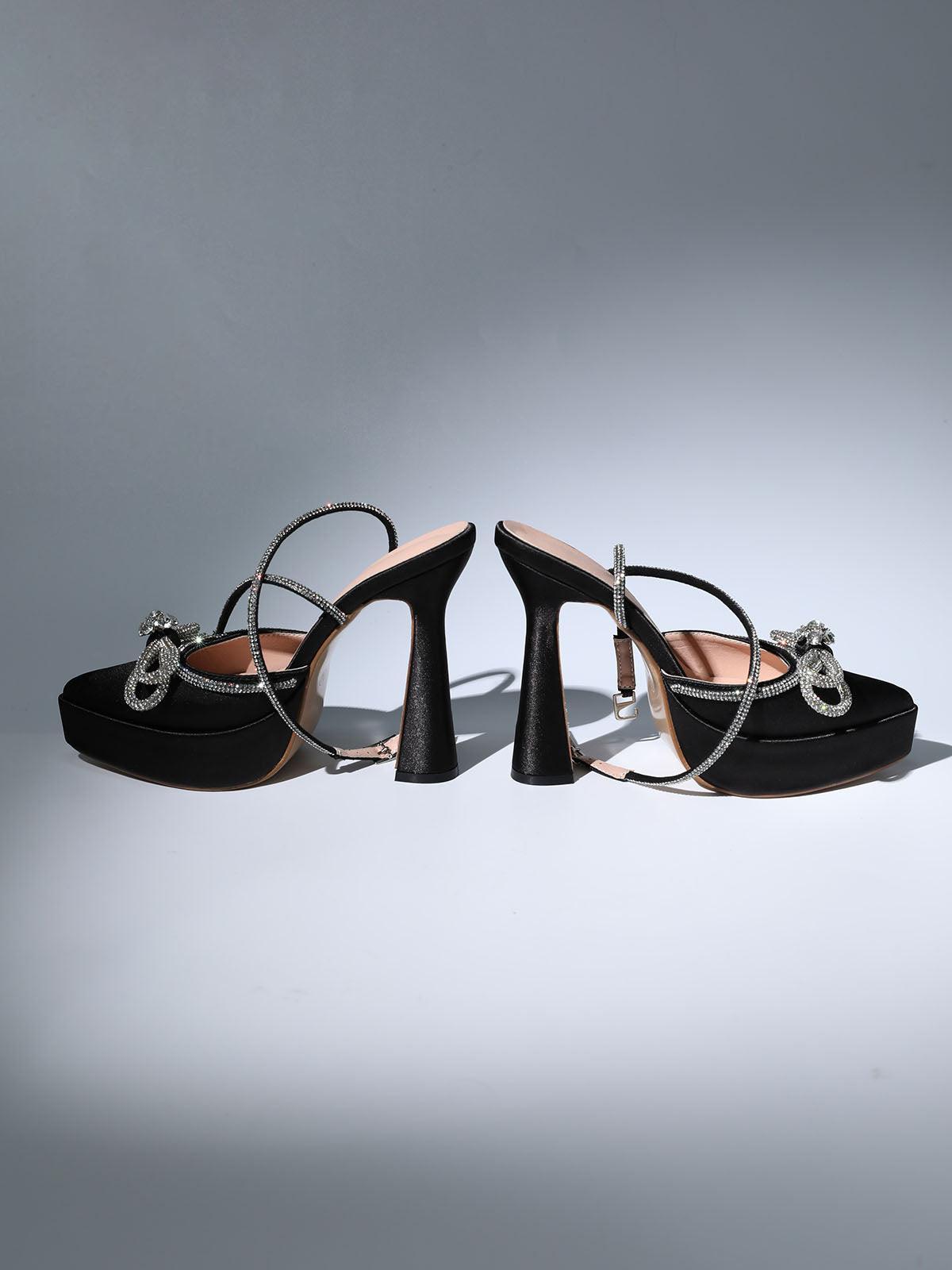 Anouk Bow Crystal Satin Heels In Black