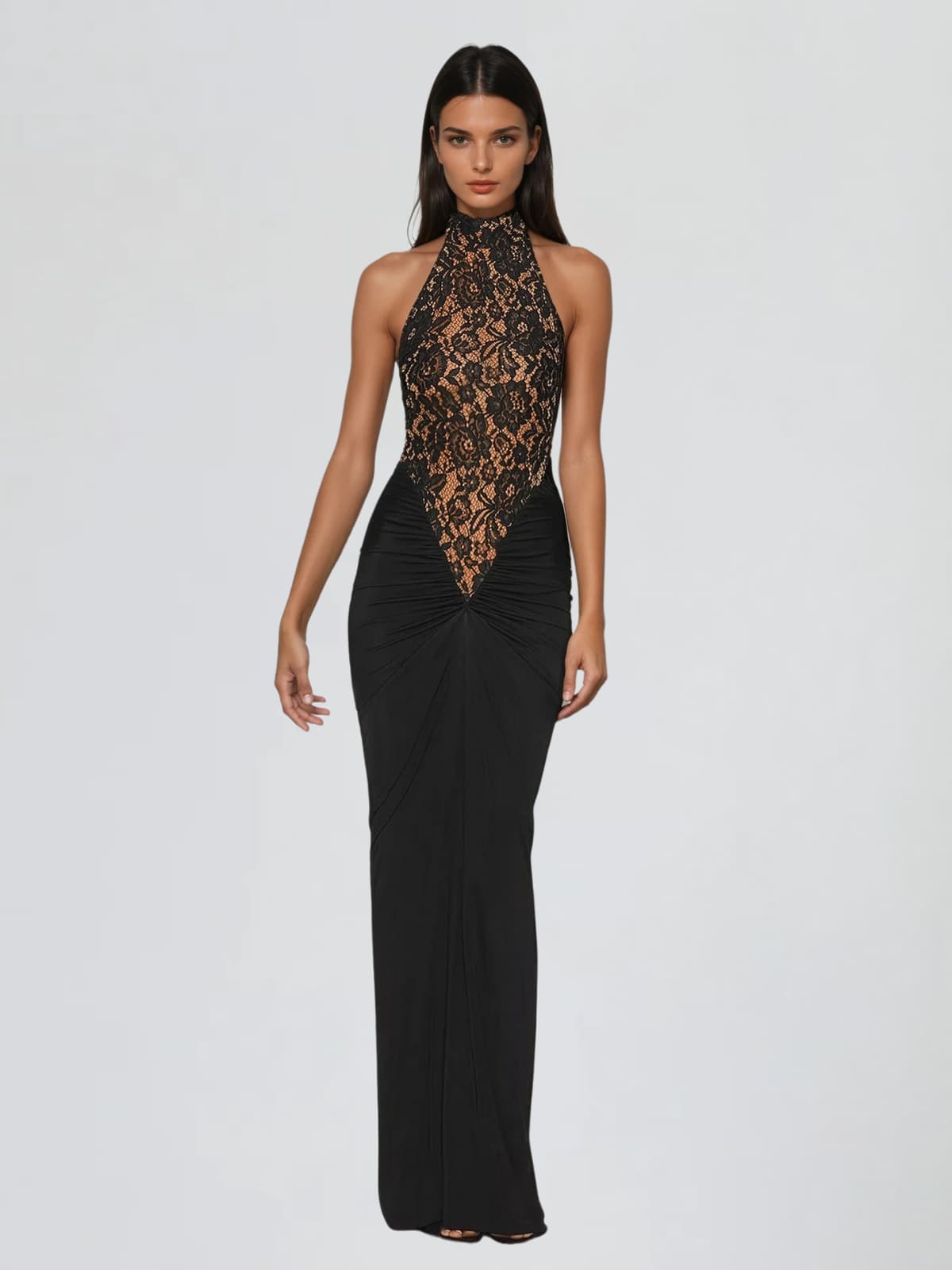 Aqvion Backless Lace Ruched Maxi Dress