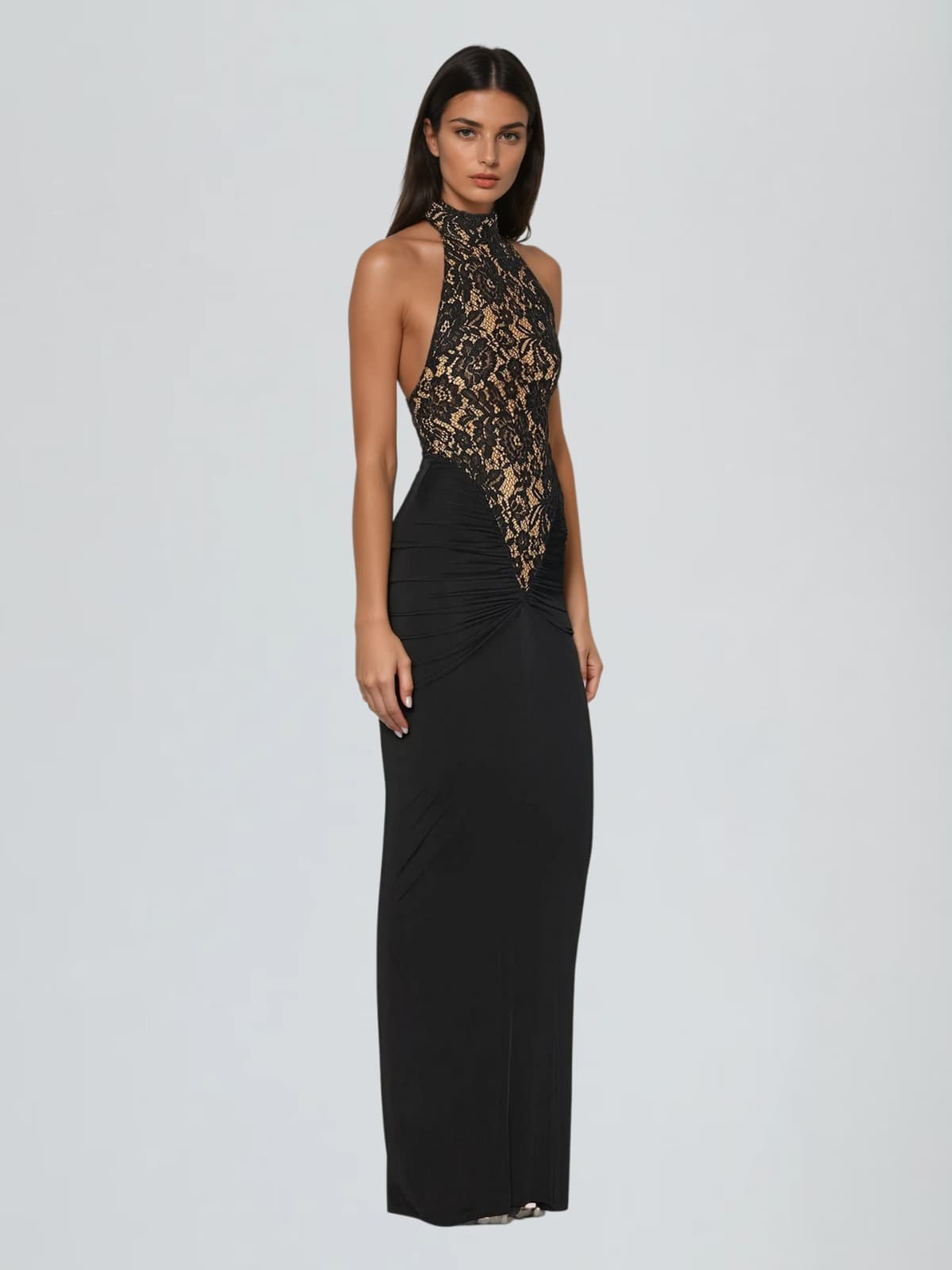 Aqvion Backless Lace Ruched Maxi Dress