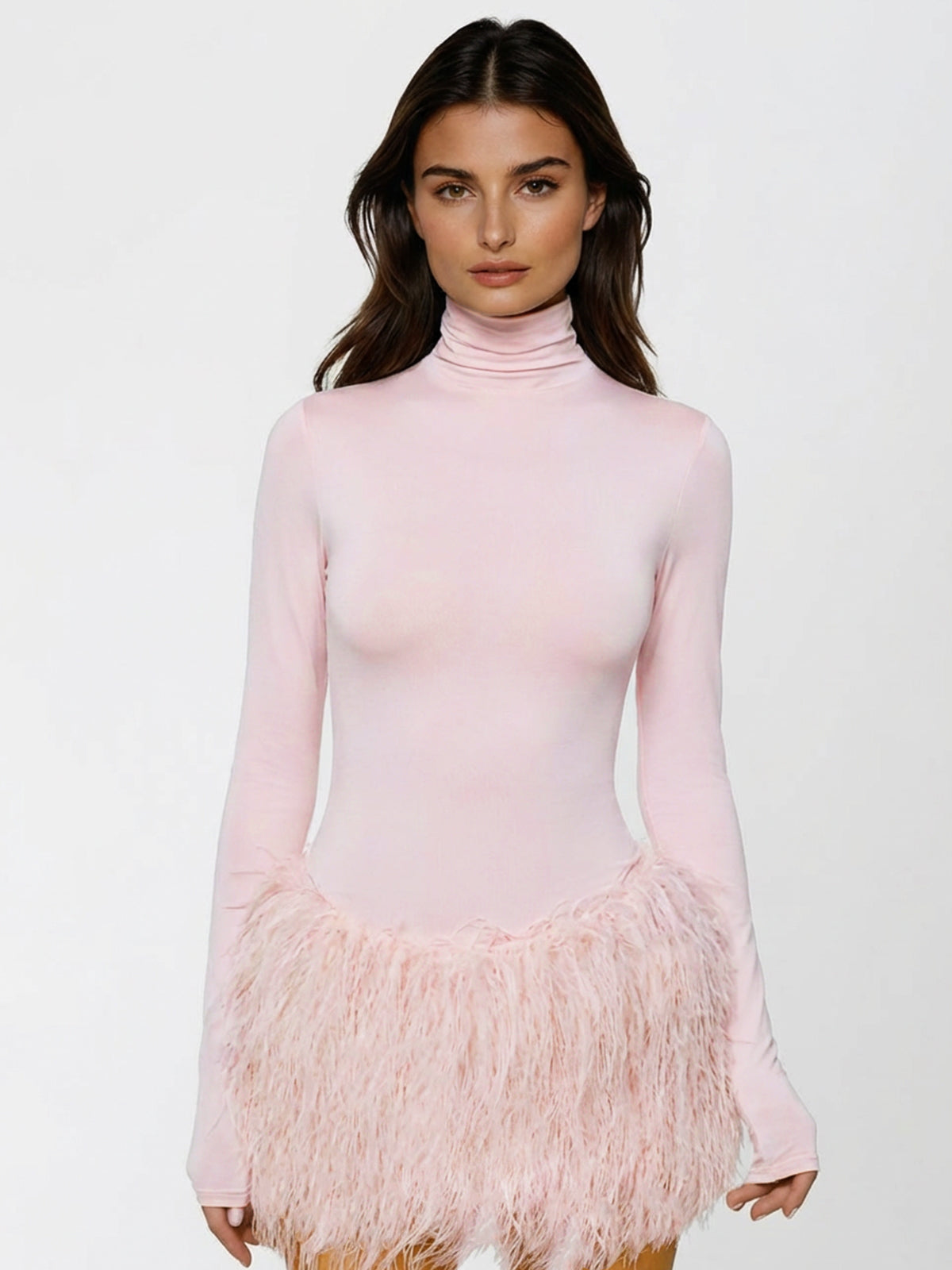 Ardita High Neck Feather Skirt Set In Pink