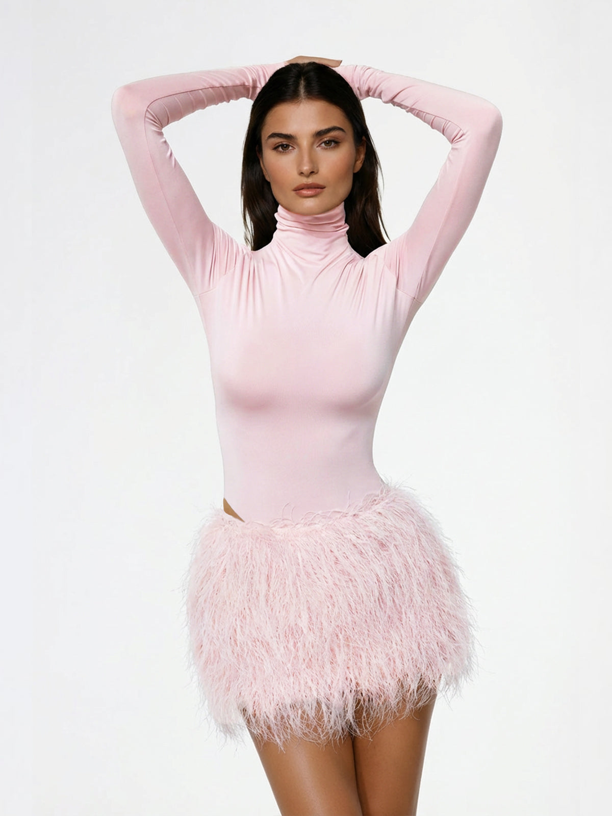 Ardita High Neck Feather Skirt Set In Pink