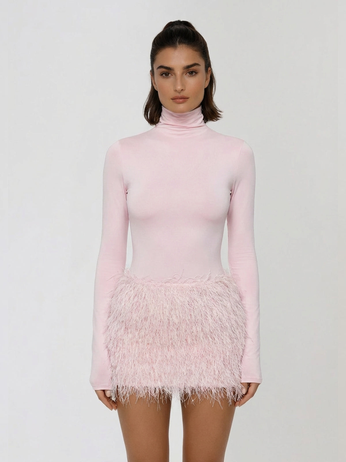 Ardita High Neck Feather Skirt Set In Pink