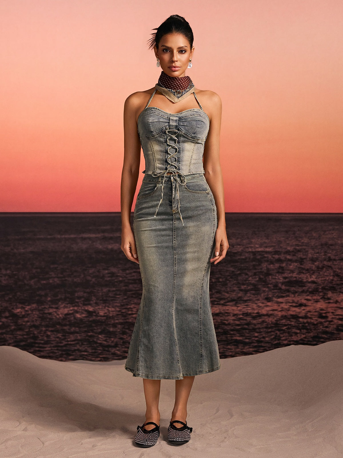 Aroven Halterneck Lace Up Denim Skirt Set
