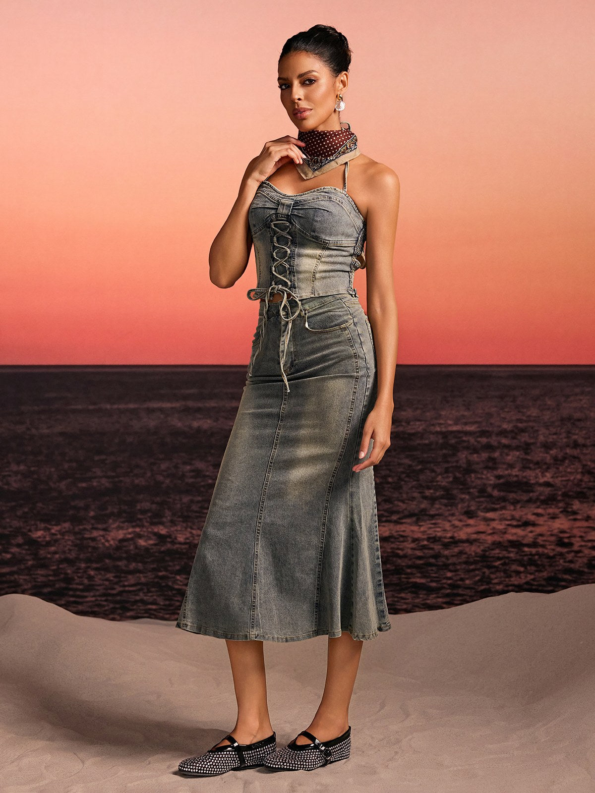 Aroven Halterneck Lace Up Denim Skirt Set