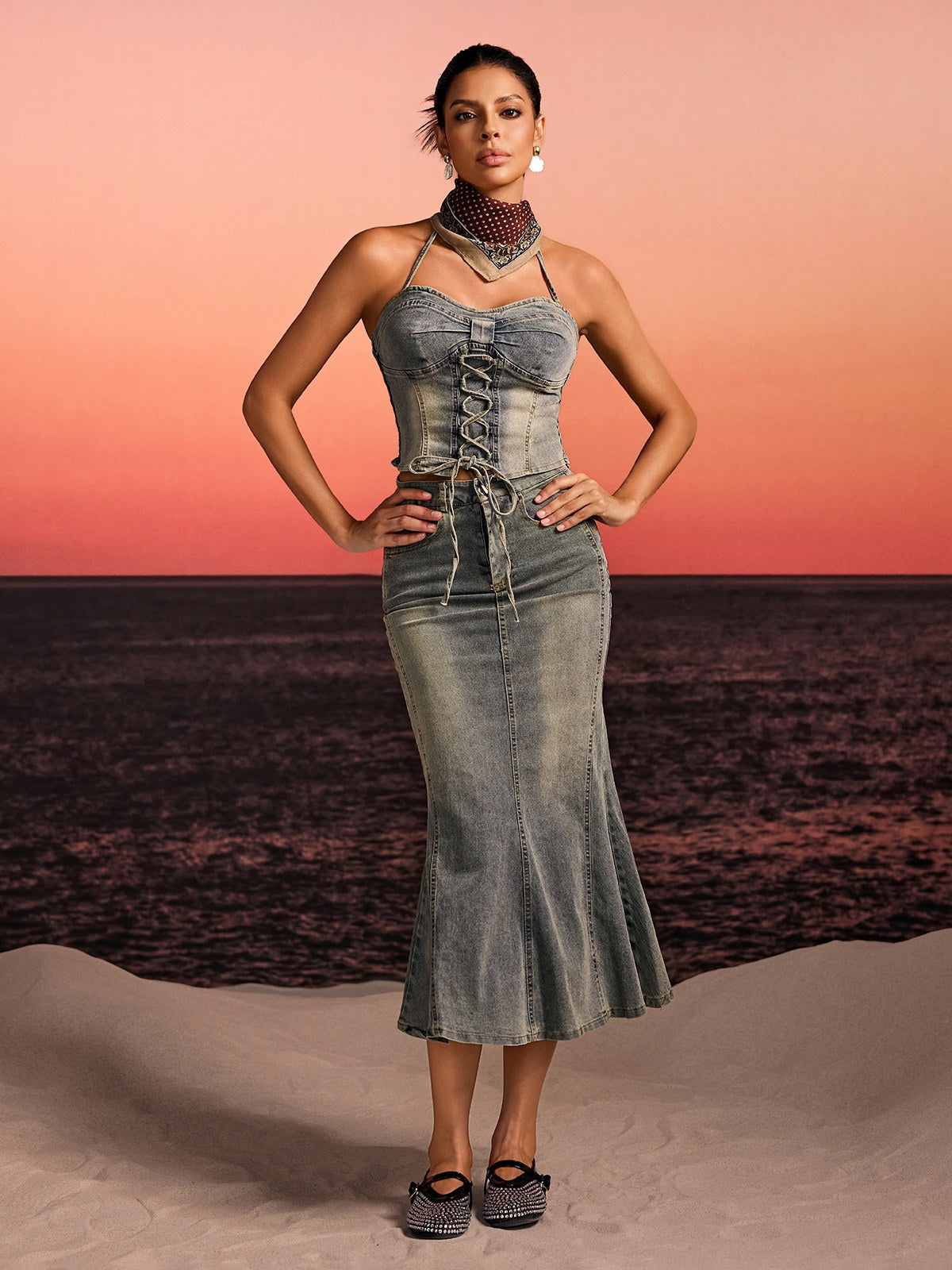 Aroven Halterneck Lace Up Denim Skirt Set