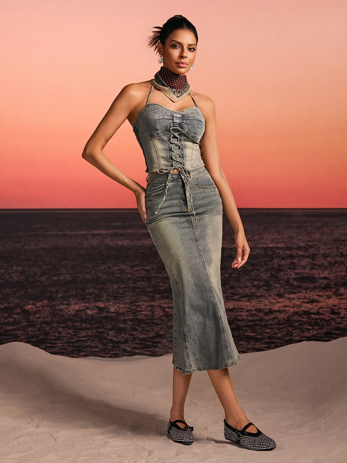 Aroven Halterneck Lace Up Denim Skirt Set