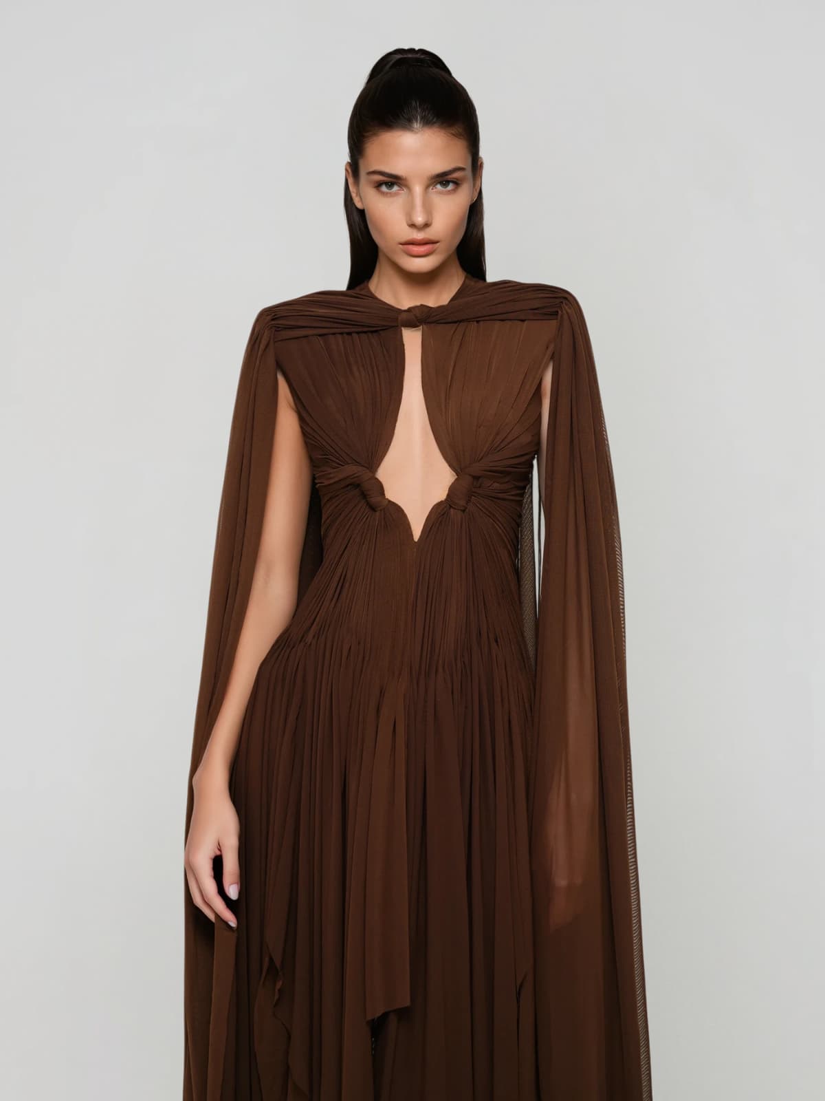 Arveth Cape Ruched Twisted Maxi Dress