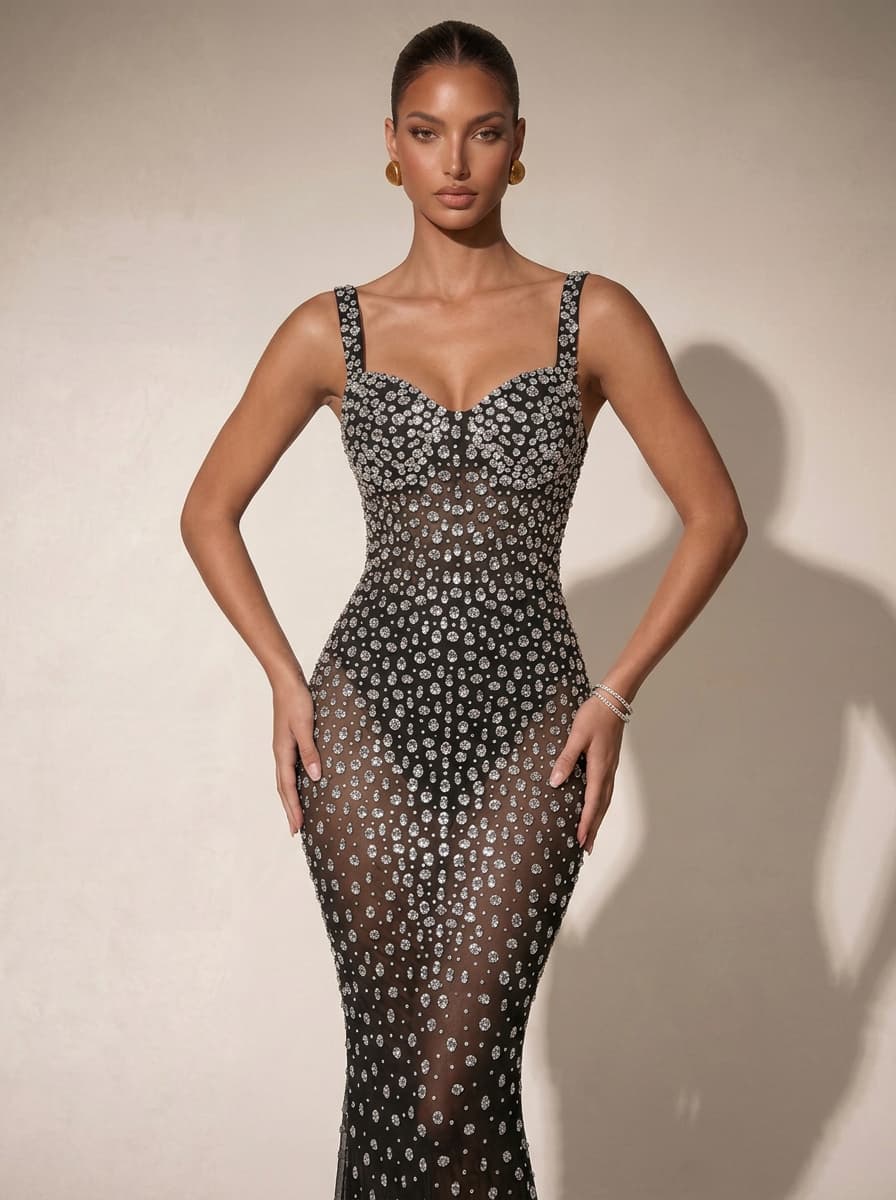 Arvion Sleeveless Crystal Mesh Maxi Dress