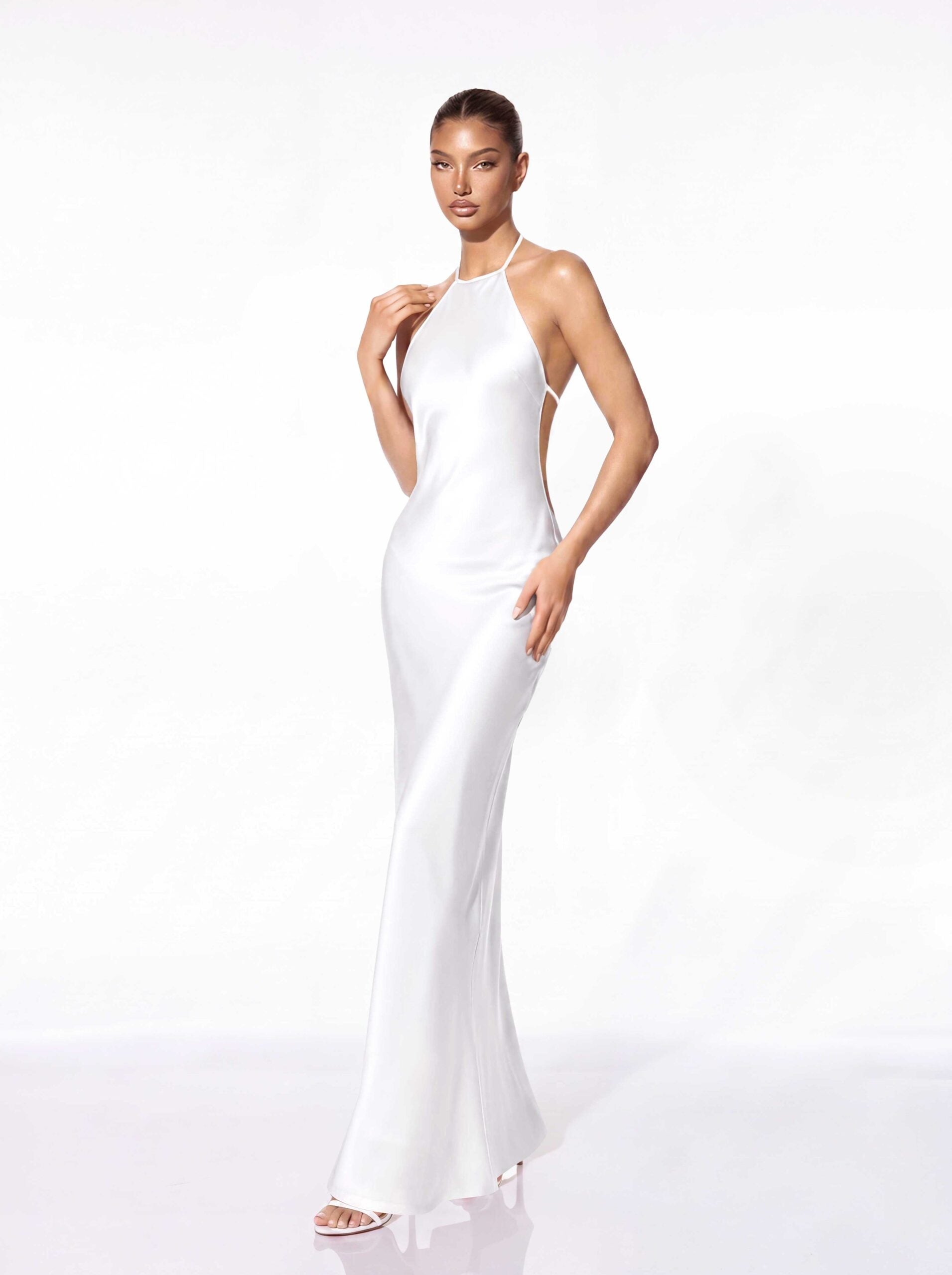 Asteron Backless Satin Maxi Dress In White