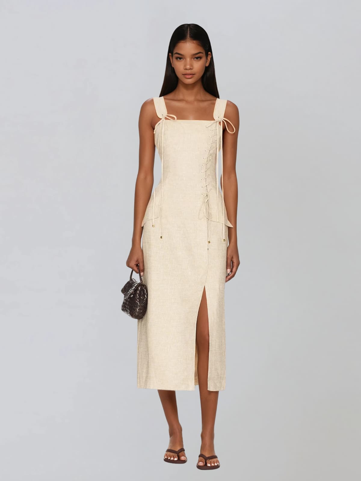 Aulvion Lace Up Split Flax Midi Dress