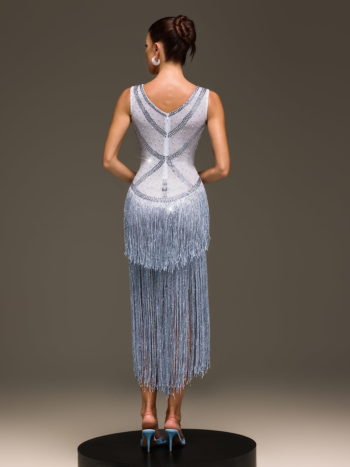 Aurevon V Neck Crystal Fringe Midi Dress