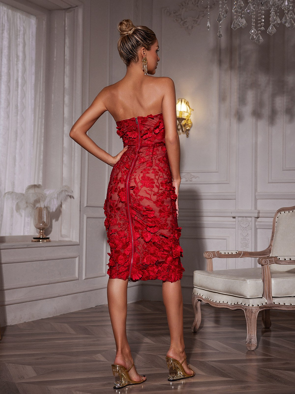 Avital Strapless Flower Midi Dress In Red