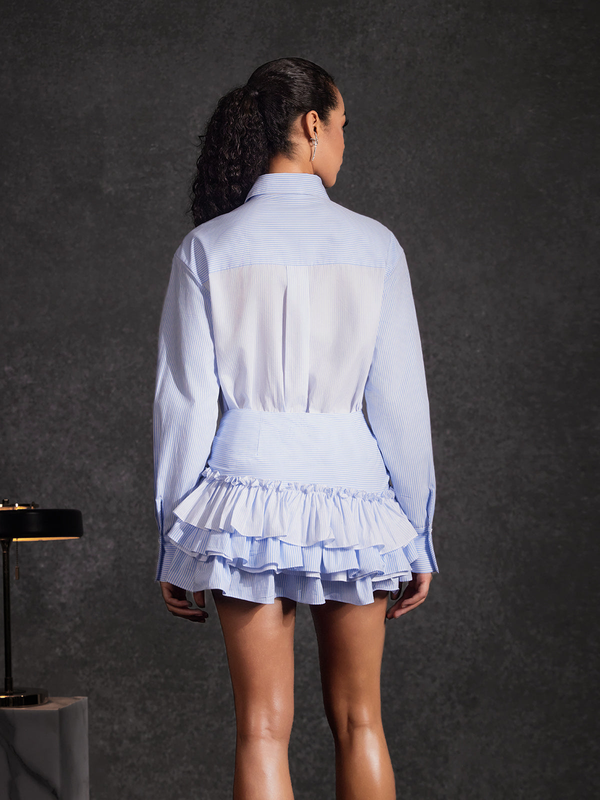 Azimuth Folded Collar Stripe Tiered Skirt Set