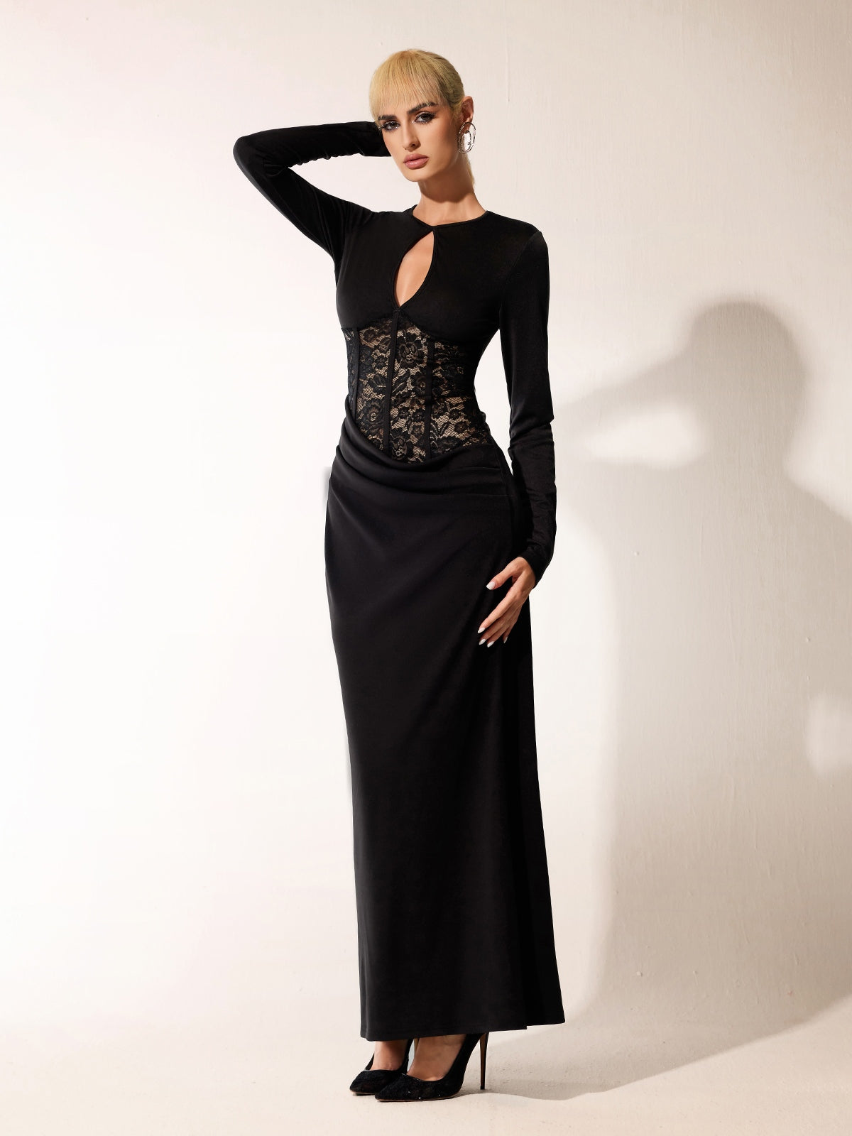 Bahadur Long Sleeve Lace Cutout Maxi Dress