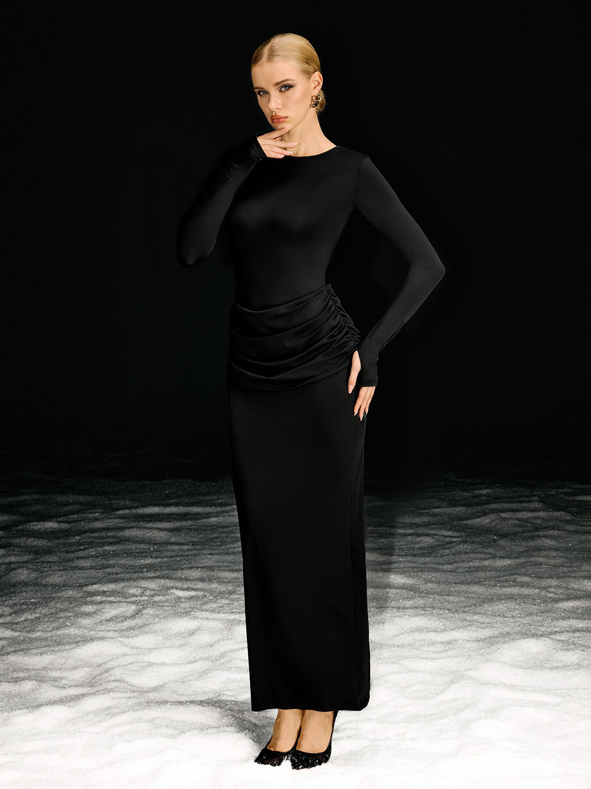 Barker Long Sleeve Ruched Maxi Dress In Black