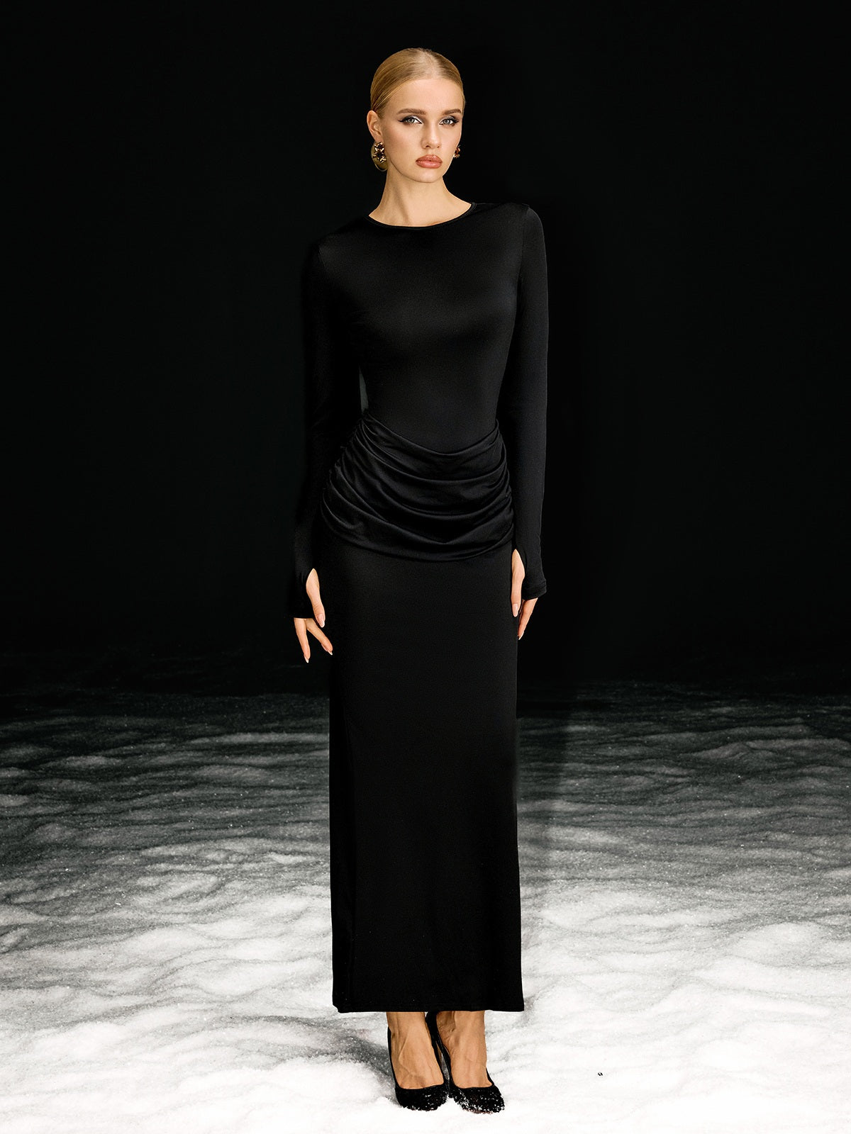 Barker Long Sleeve Ruched Maxi Dress In Black